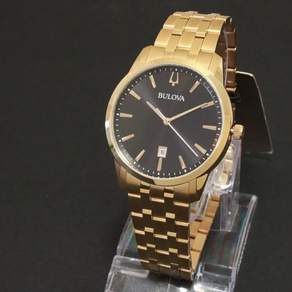 Bulova Men's Classic Sutton Watch Gold Tone Black Dial Date At Six 40mm